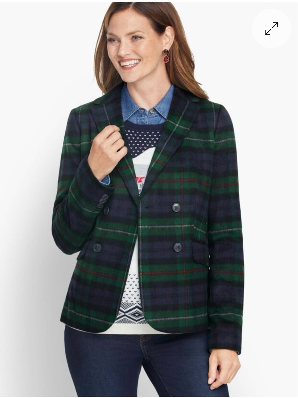 Talbots Petite Double-Breasted Blue Green Tartan Plaid Blazer Size 4P